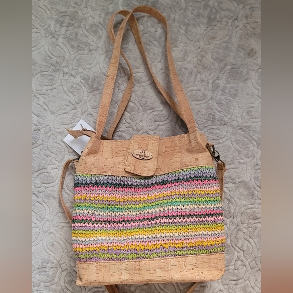 Vegan cork and raphia shoulder purse - Picture 2 of 14